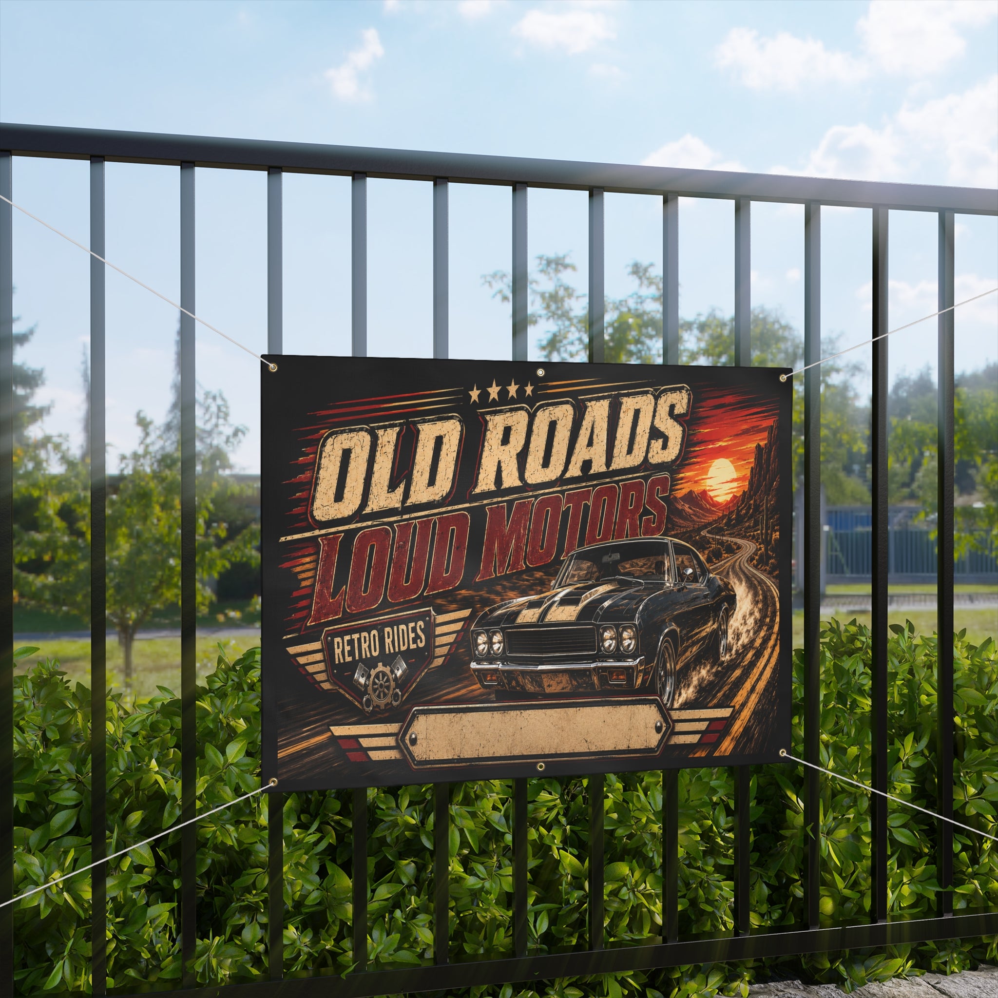 Old Roads Loud Motors Custom Garage Banner
