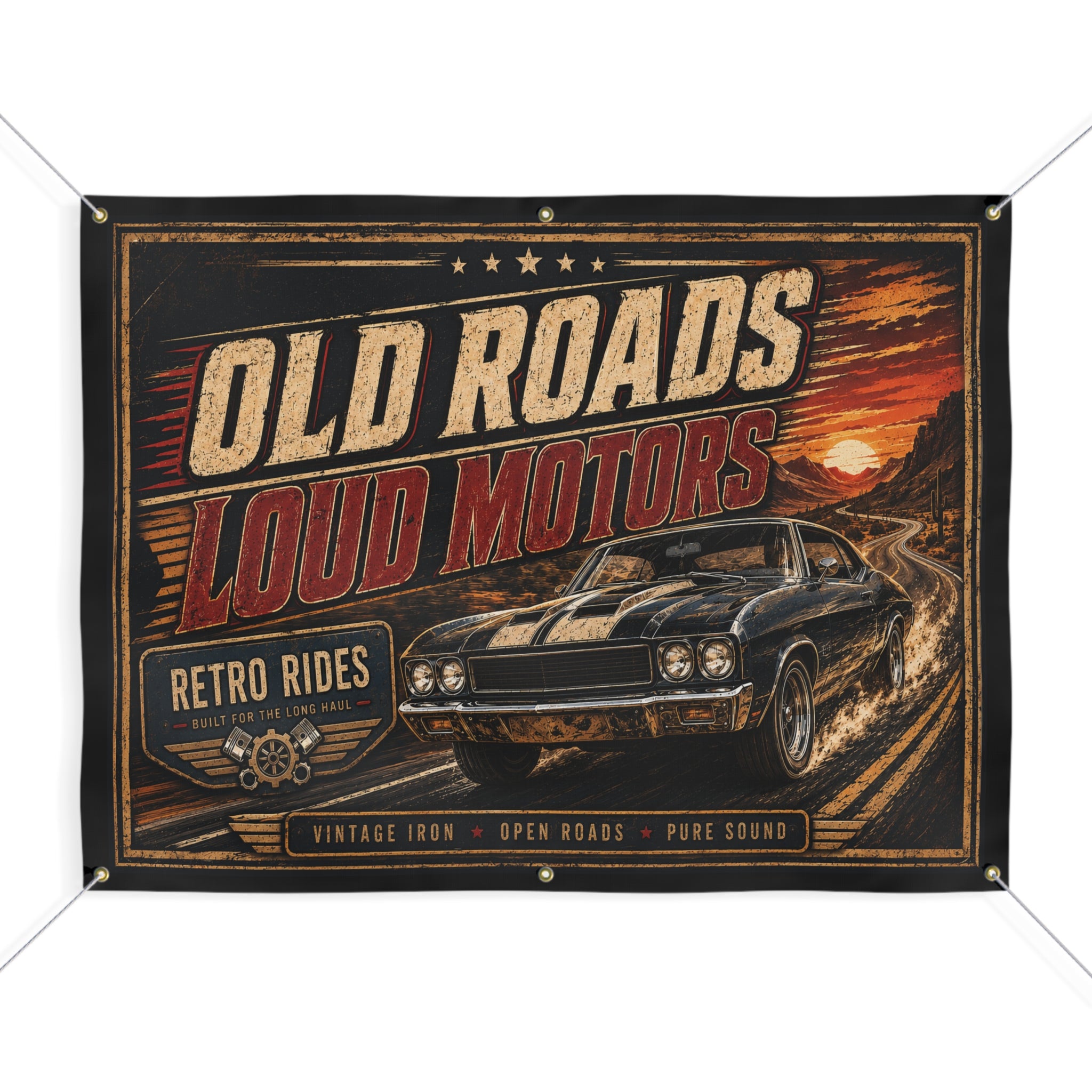 Old Roads Loud Motors Garage Banner