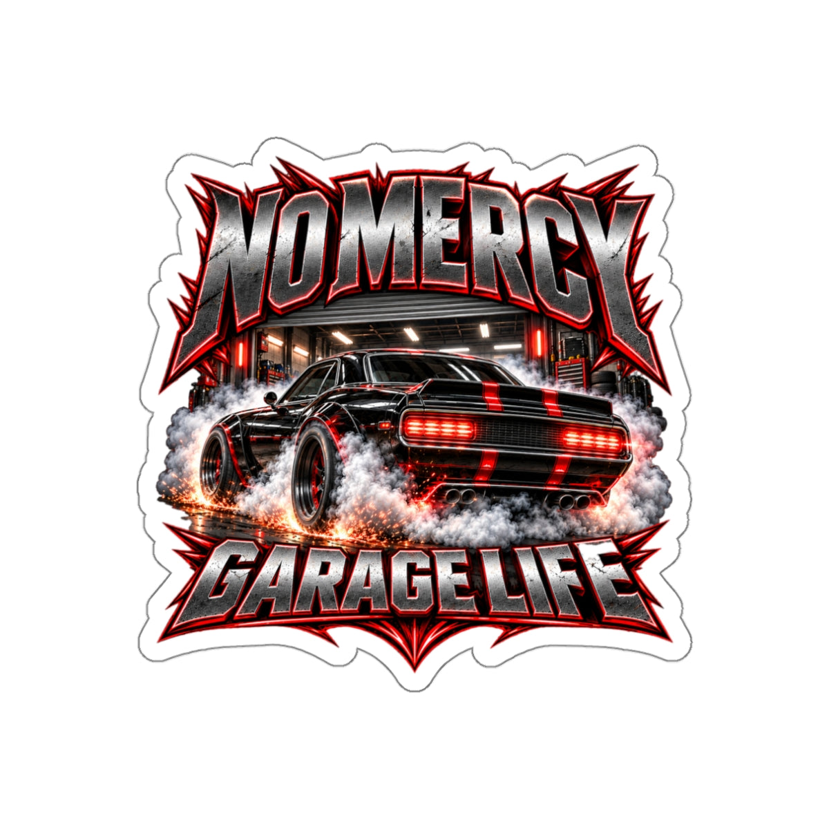 No Mercy Garage Die-Cut Sticker 3 with Garage Life artwork by Print Gear