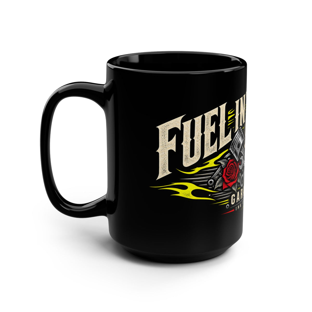 Fuel In The Veins Black Mug 15oz with Garage Life artwork by Print Gear