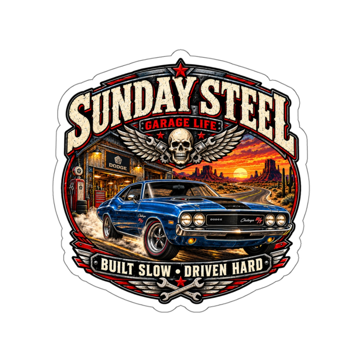 Sunday Steel Die-Cut Sticker 1 with Garage Life artwork by Print Gear