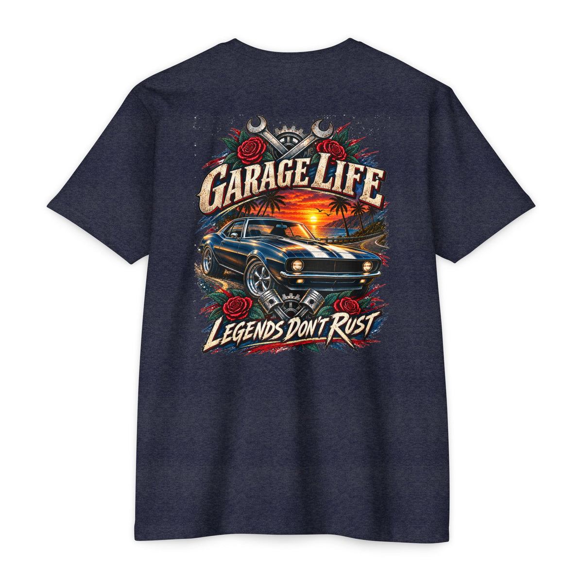 Legends Don't Rust T-Shirt with Garage Life artwork by Print Gear