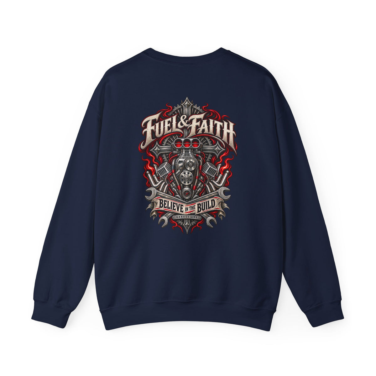 Fuel & Faith Crewneck with Garage Life artwork by Print Gear