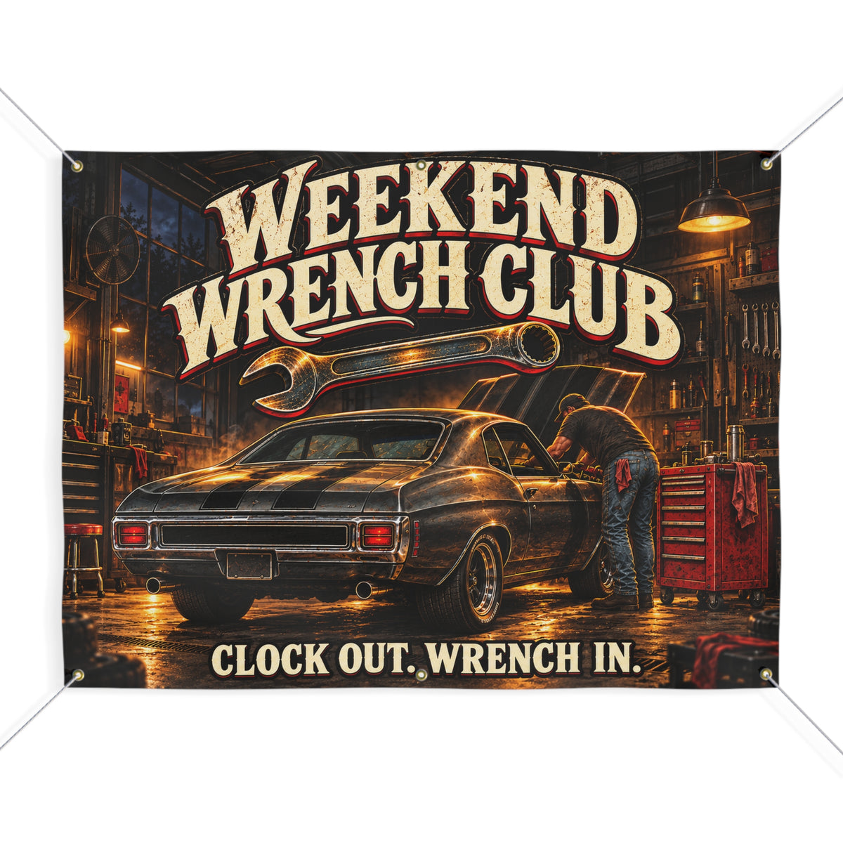 Weekend Wrench Club Garage Banner with Garage Life artwork by Print Gear