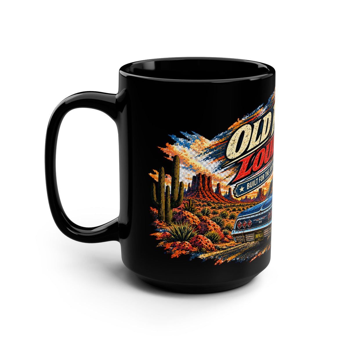 Old Roads Loud Motors Black Mug 15oz with Garage Life artwork by Print Gear