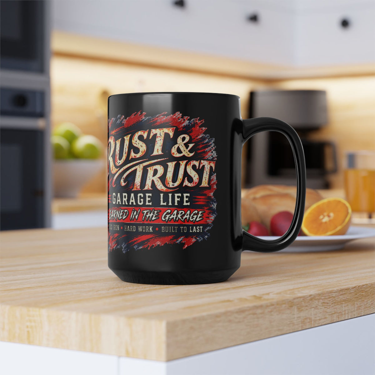 Rust & Trust Black Mug 15oz with Garage Life artwork by Print Gear