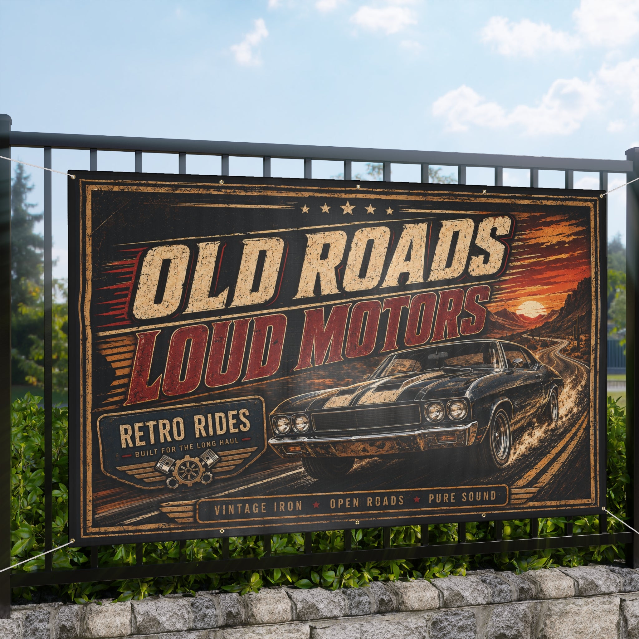 Old Roads Loud Motors Garage Banner