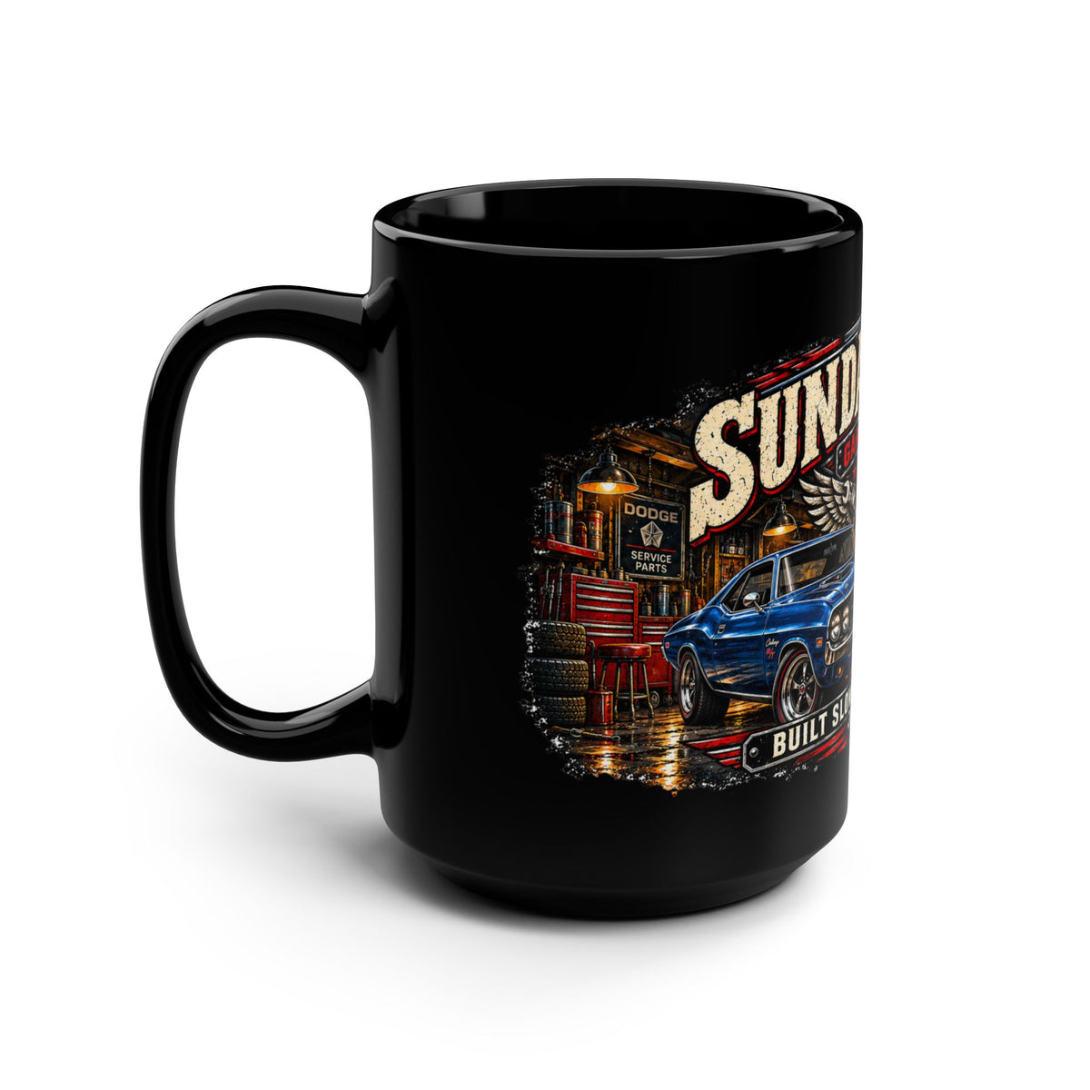 Sunday Steel Black Mug 15oz with Garage Life artwork by Print Gear