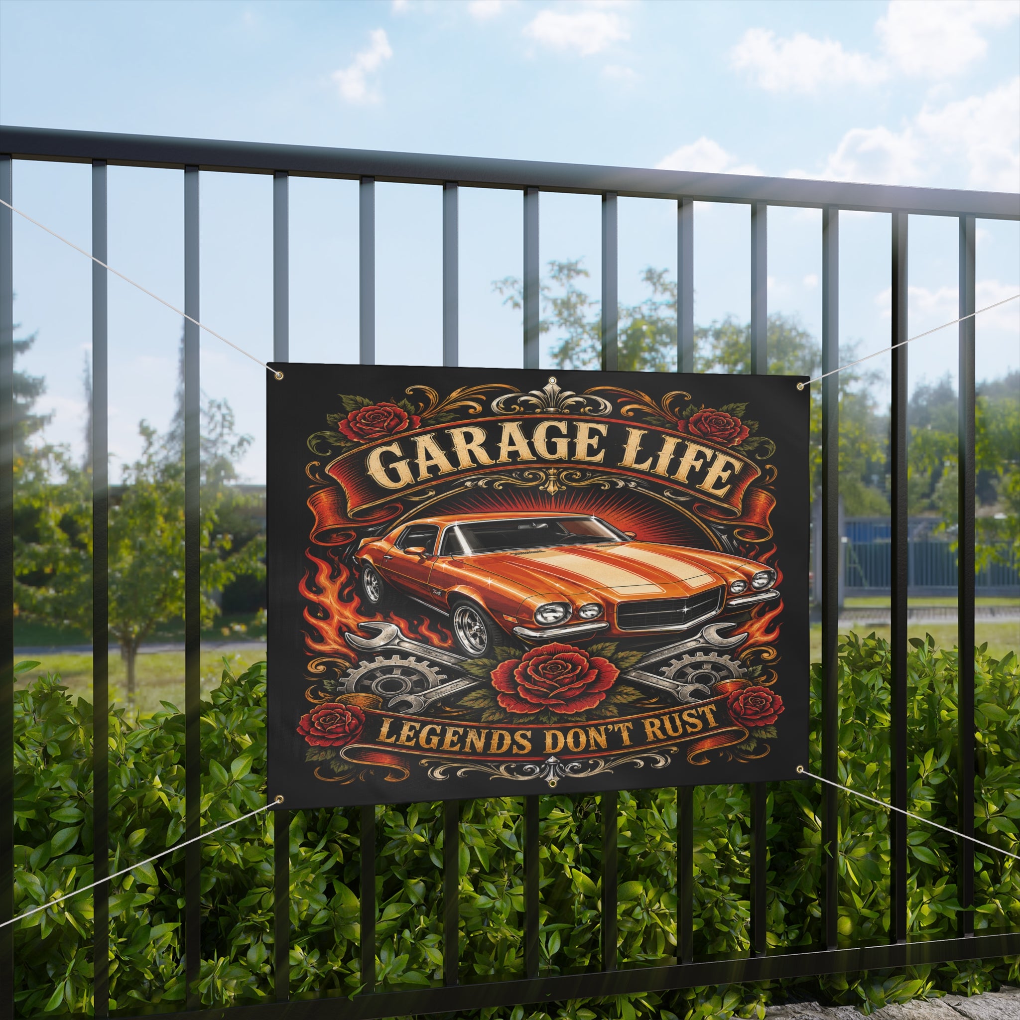 Legends Don’t Rust Orange Garage Banner