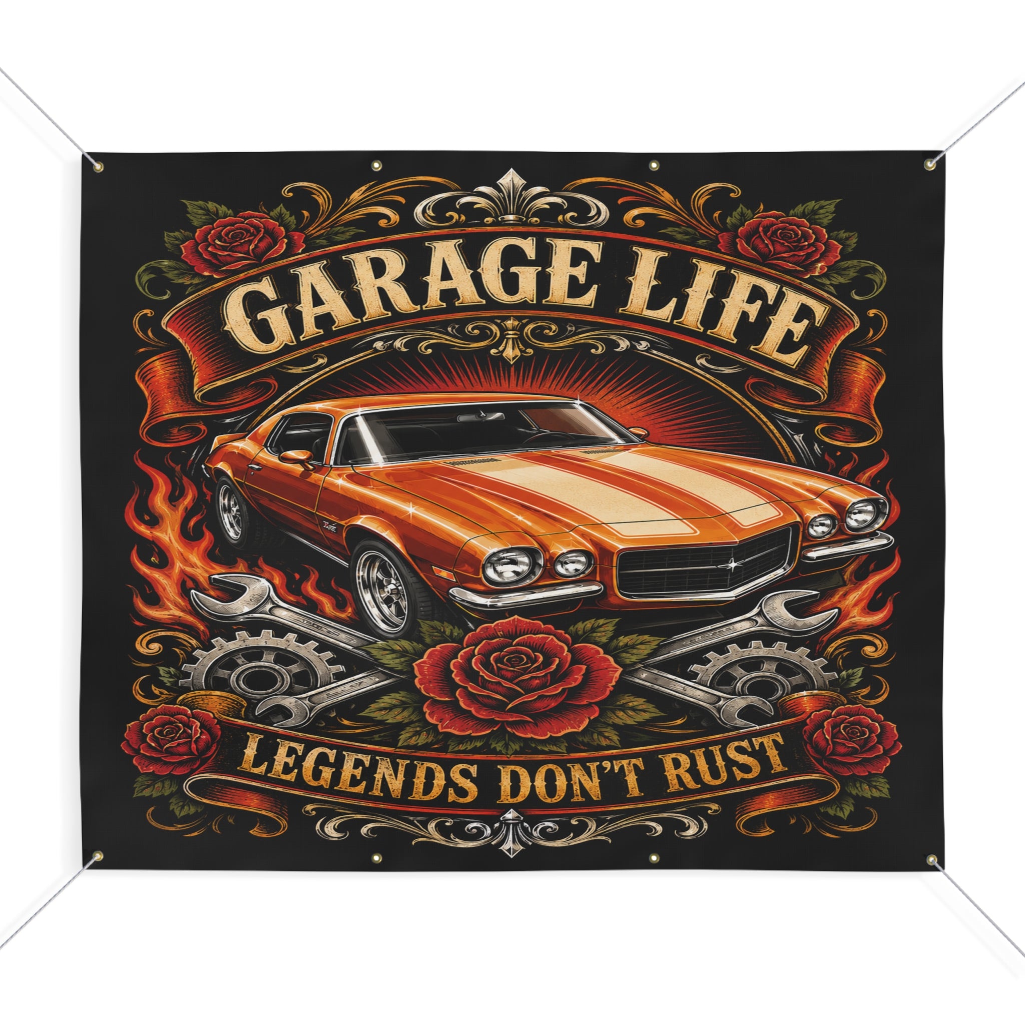 Legends Don’t Rust Orange Garage Banner
