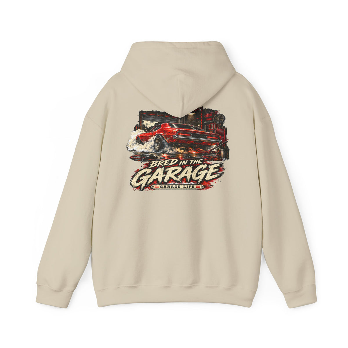 Bred In The Garage Hoodie with Garage Life artwork by Print Gear
