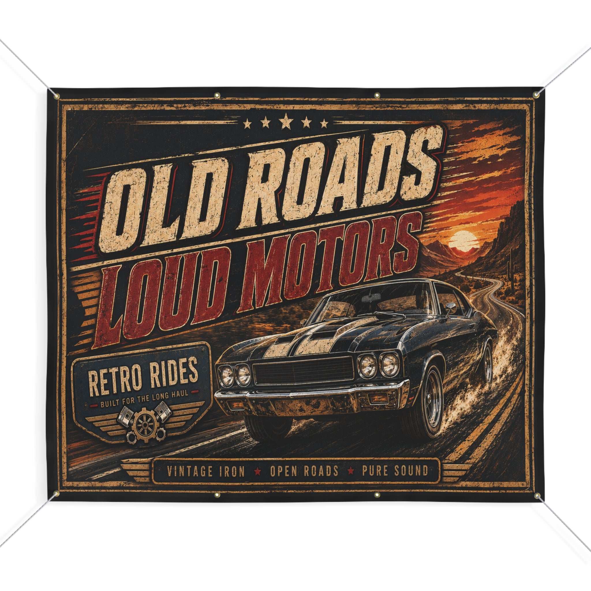 Old Roads Loud Motors Garage Banner