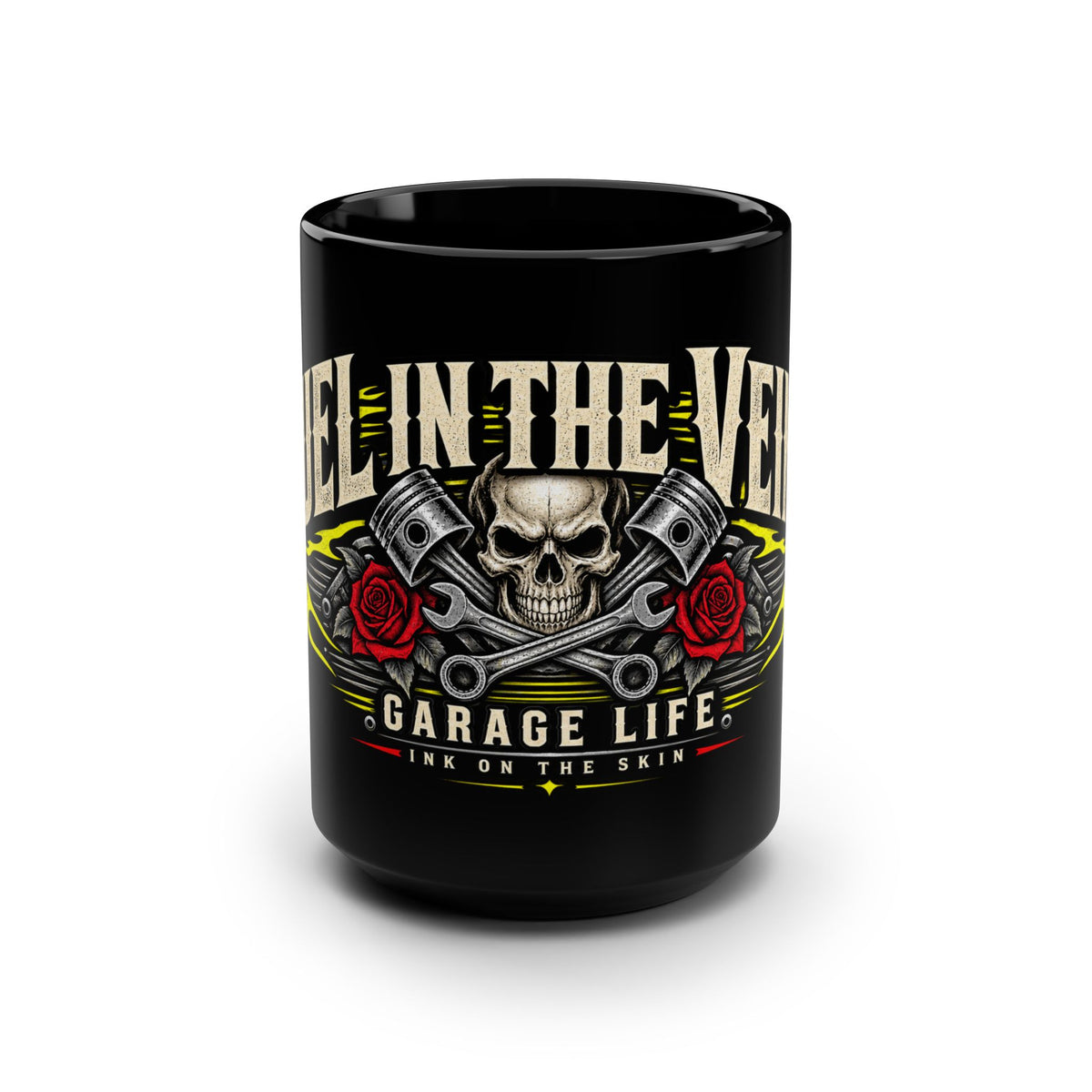 Fuel In The Veins Black Mug 15oz with Garage Life artwork by Print Gear