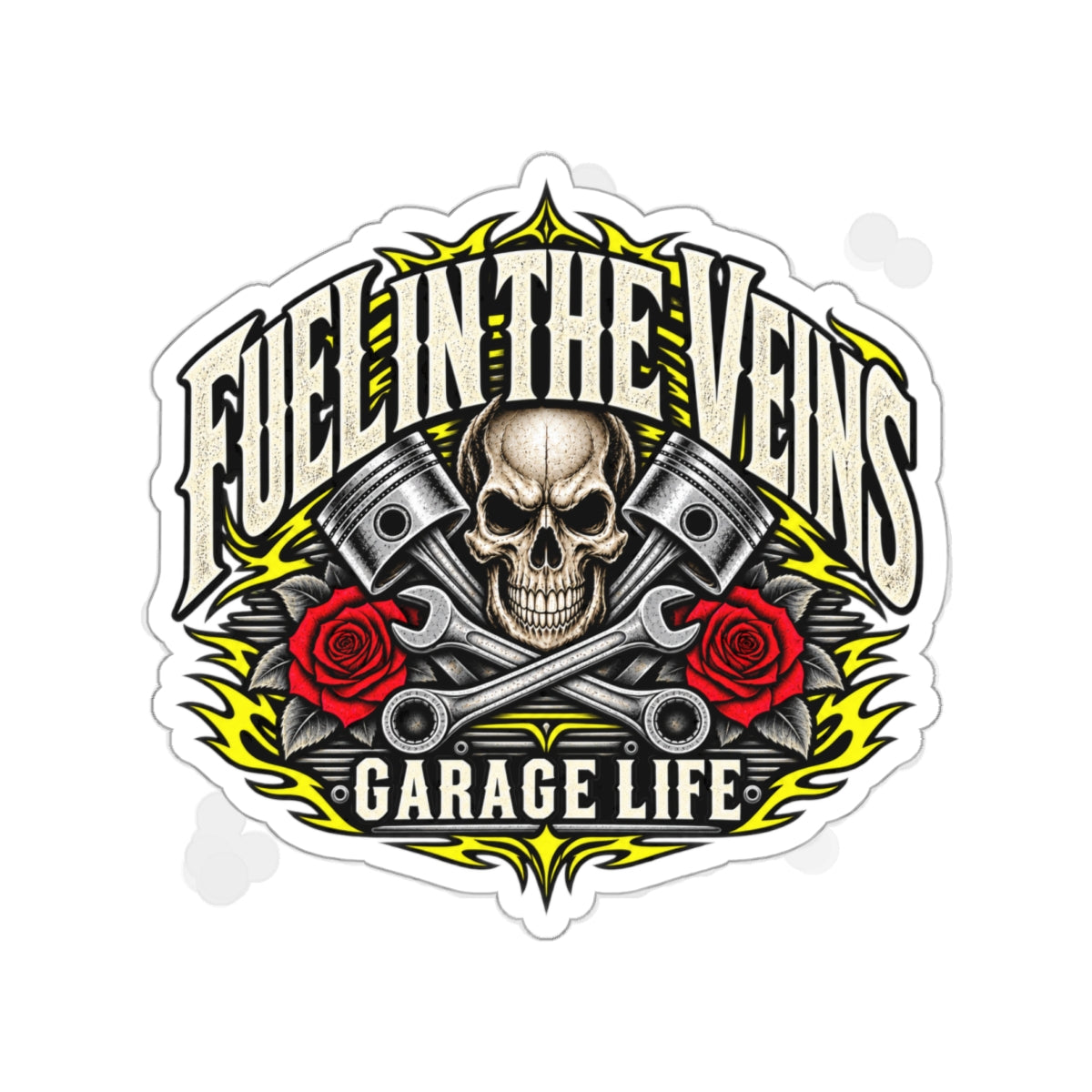 Fuel In The Veins Die-Cut Sticker 1 with Garage Life artwork by Print Gear