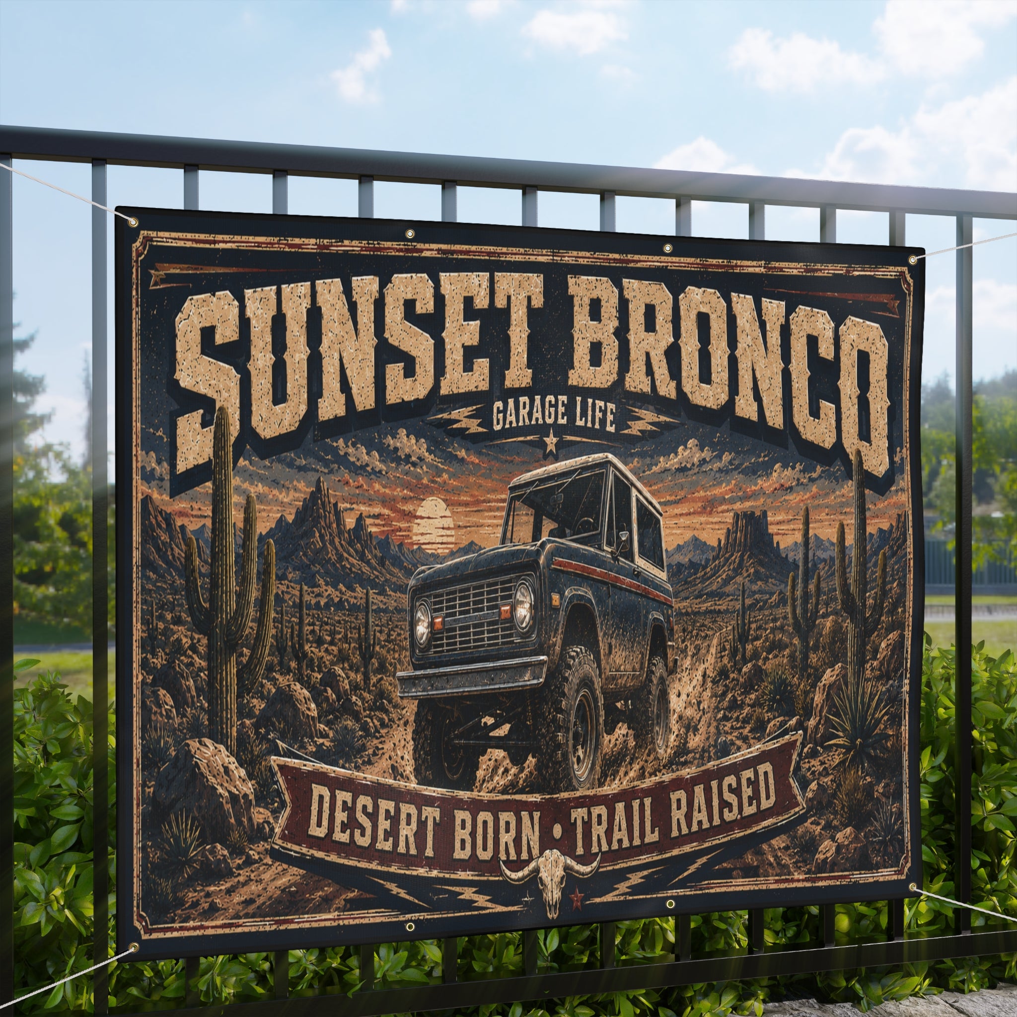 Sunset Bronco Garage Banner