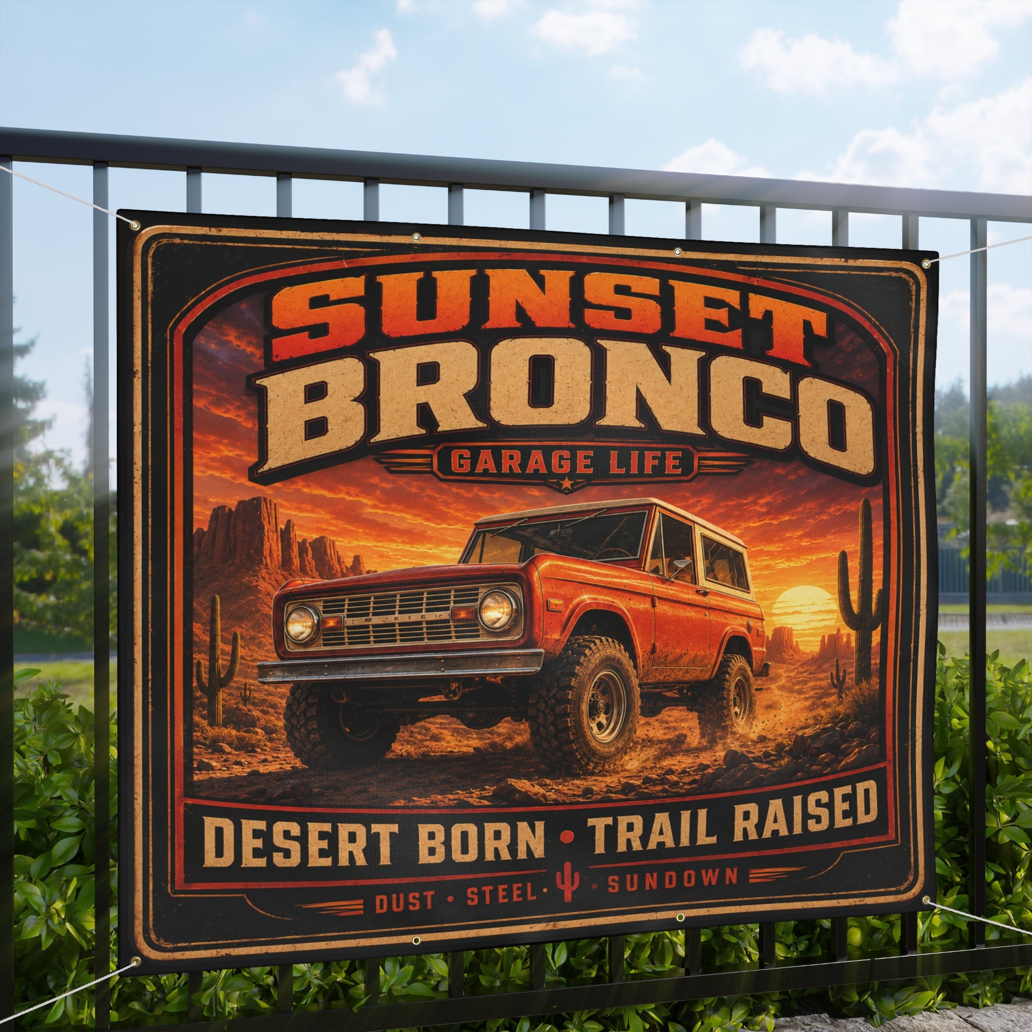 Sunset Bronco Garage Banner