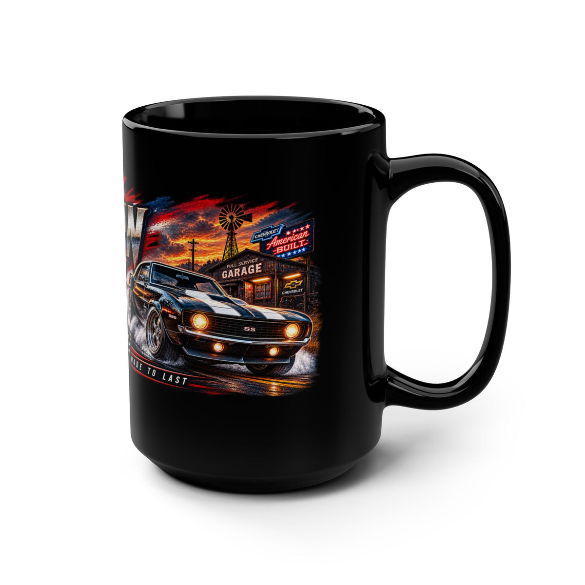 American Muscle Black Mug 15oz with Garage Life artwork by Print Gear
