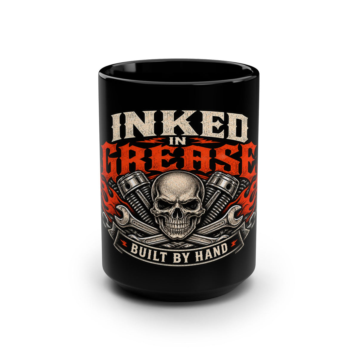 Inked In Grease Black Mug 15oz with Garage Life artwork by Print Gear