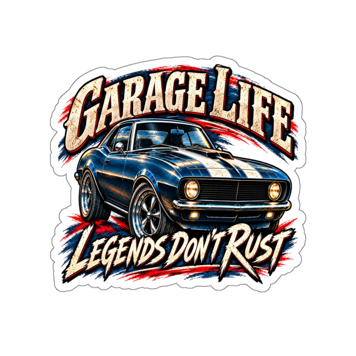 Legends Don't Rust Die-Cut Sticker 3 with Garage Life artwork by Print Gear