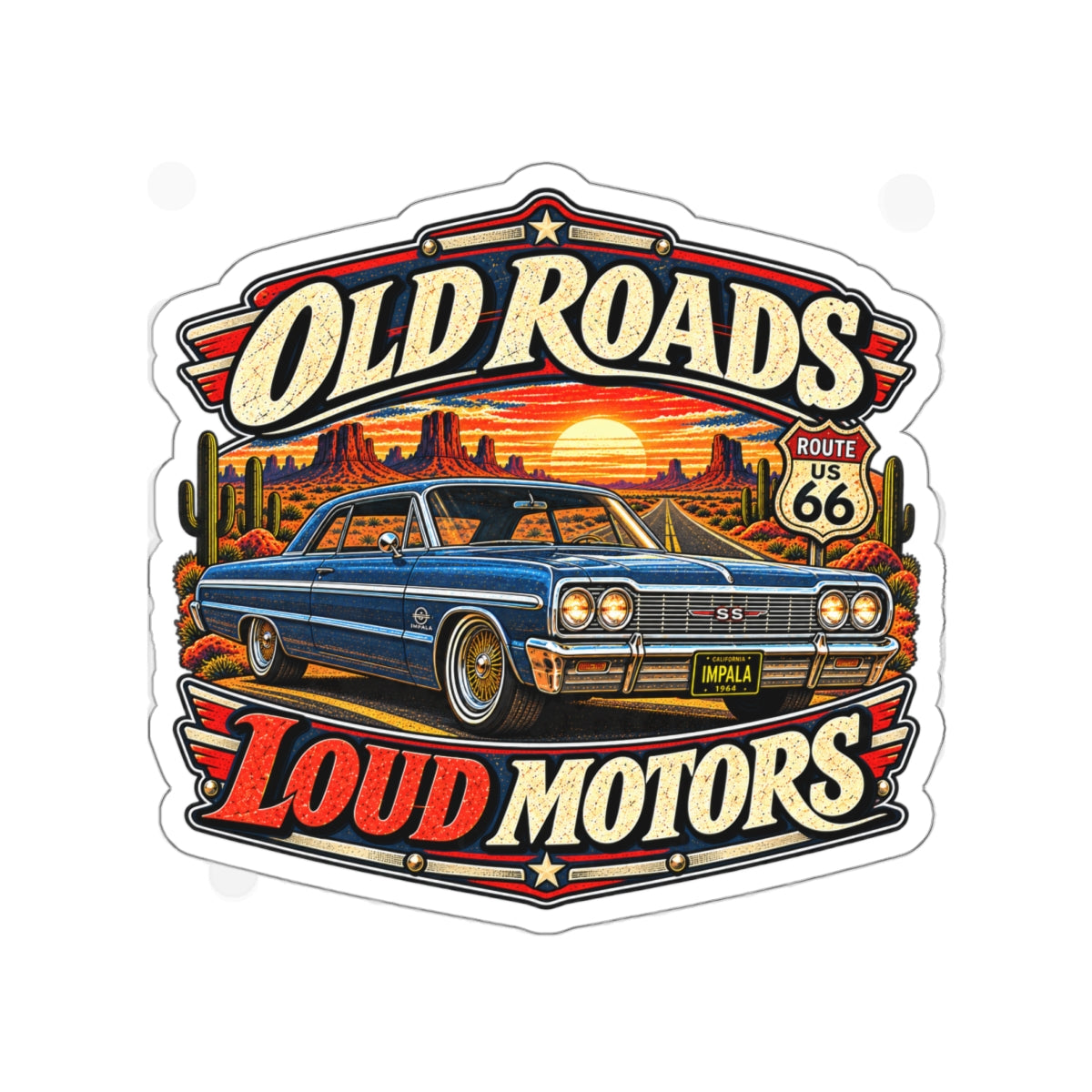 Old Roads Loud Motors Die-Cut Sticker 3 with Garage Life artwork by Print Gear