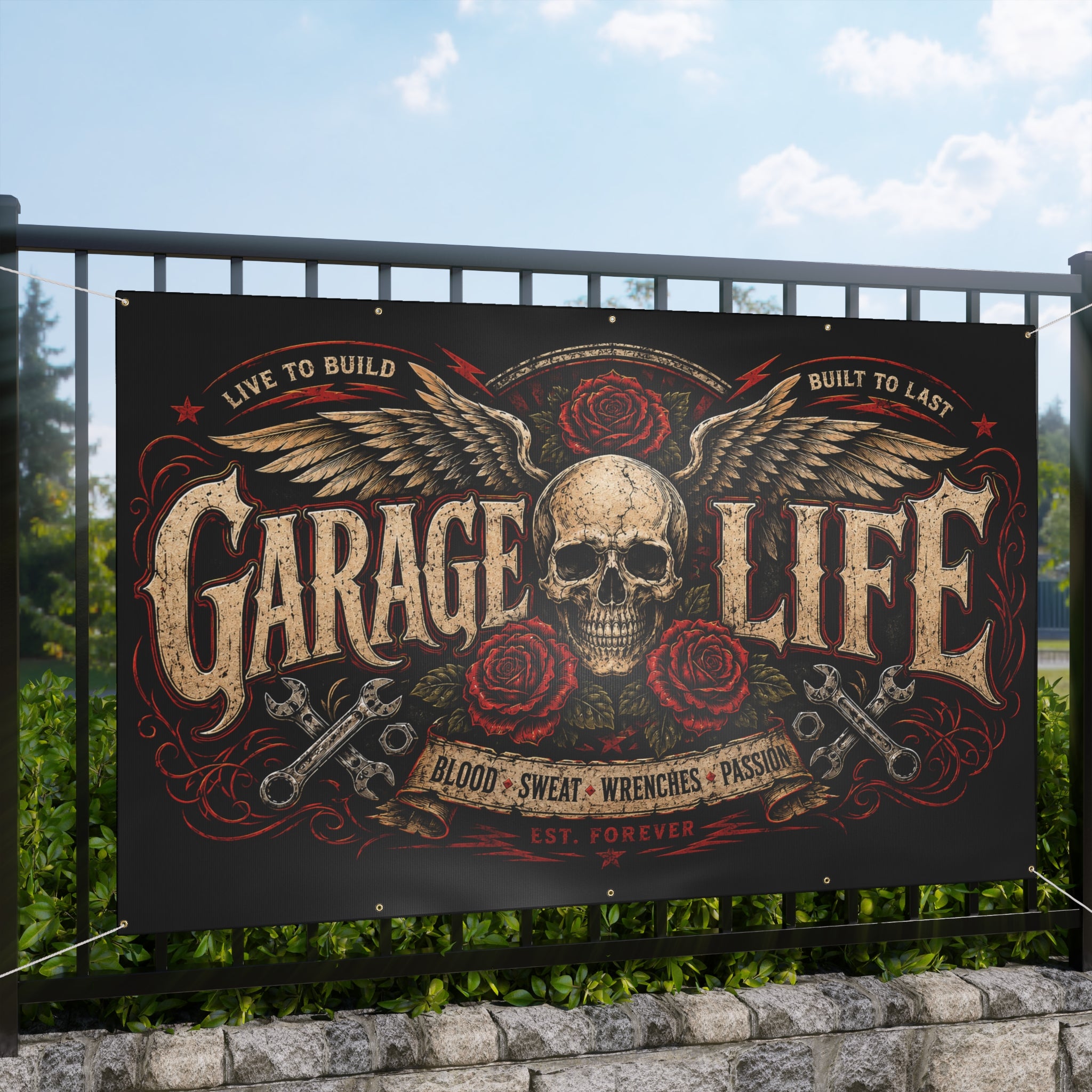 Garage Life Skull Wings Garage Banner