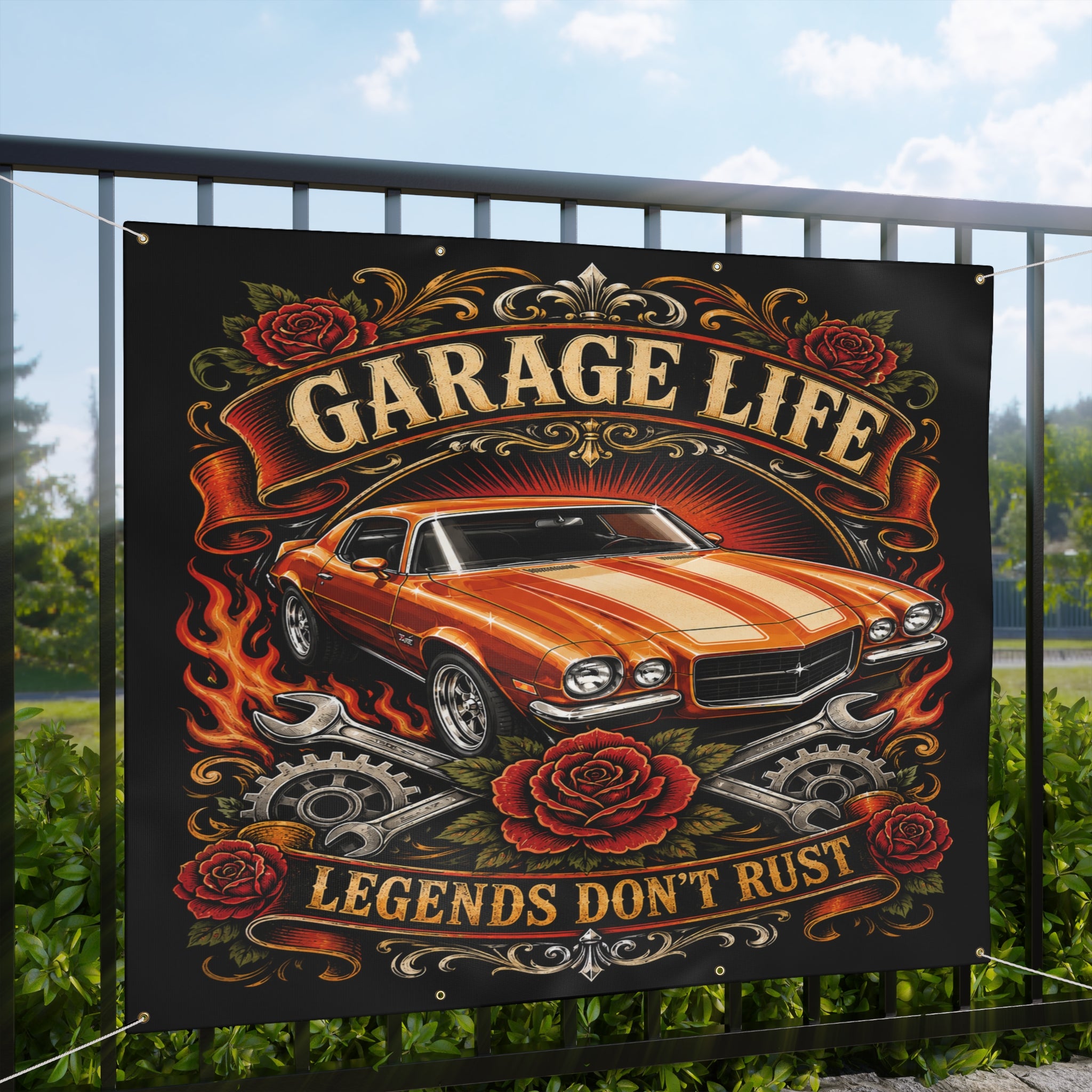 Legends Don’t Rust Orange Garage Banner