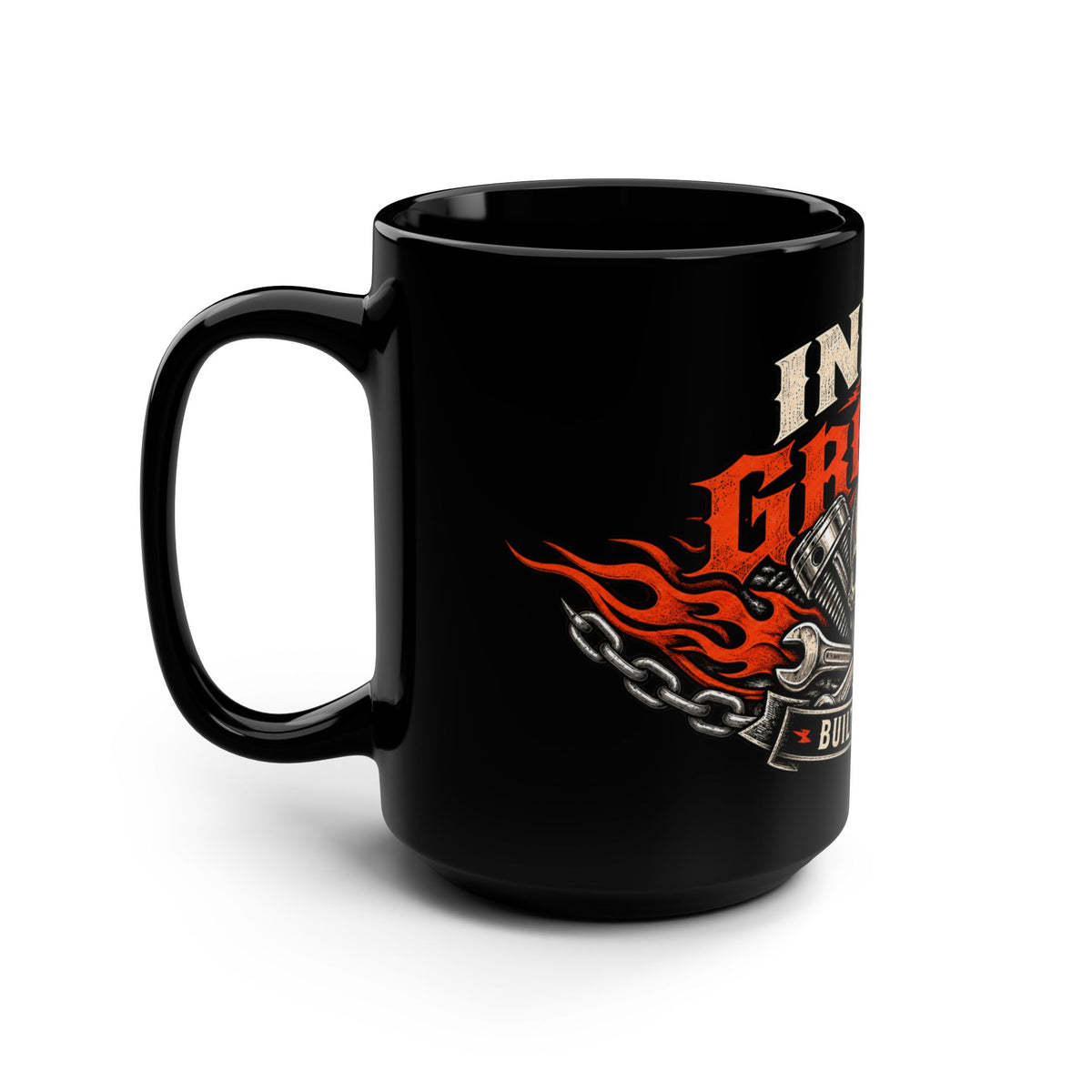 Inked In Grease Black Mug 15oz with Garage Life artwork by Print Gear
