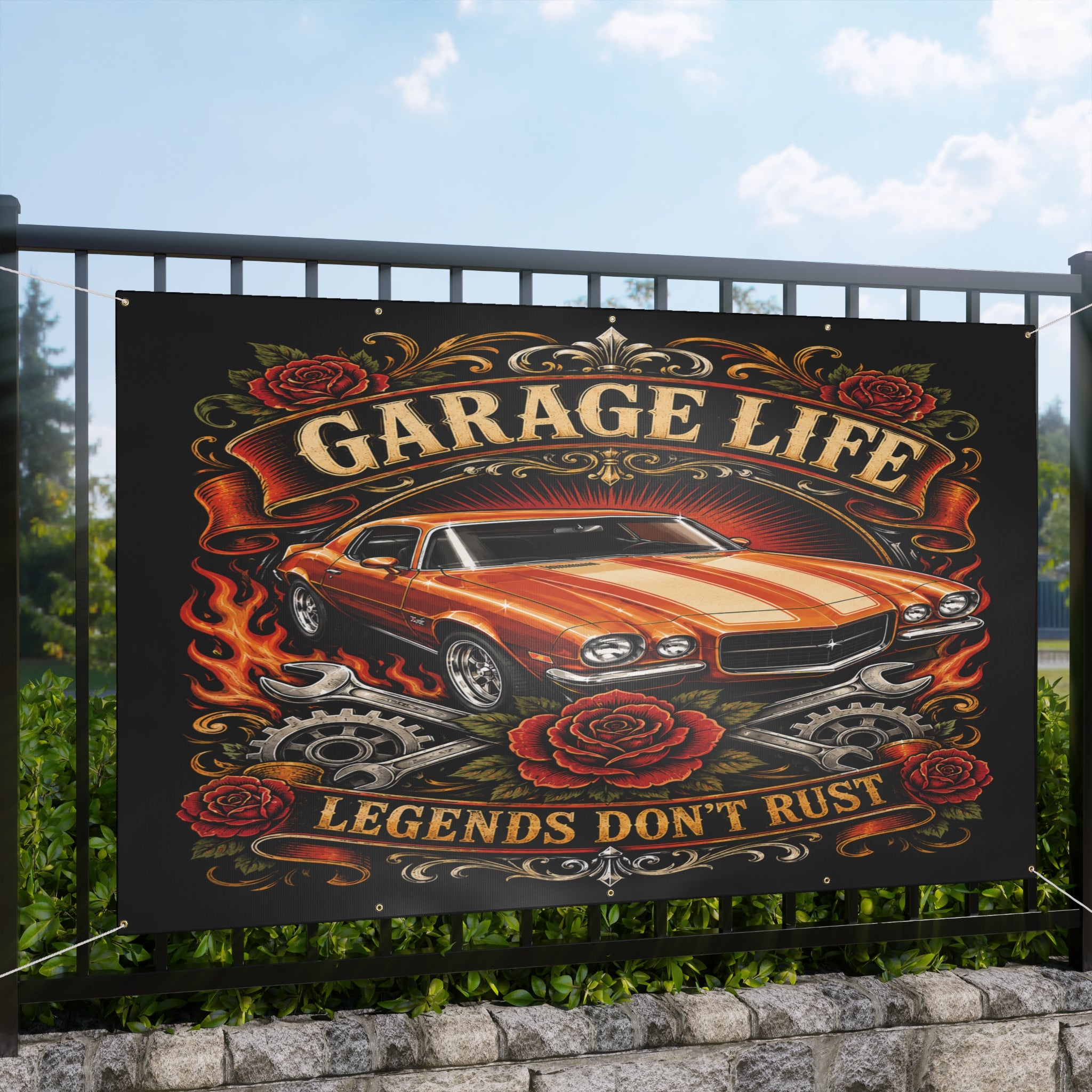Legends Don’t Rust Orange Garage Banner