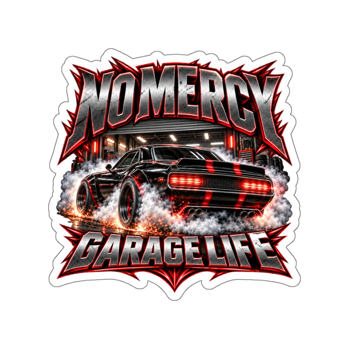 No Mercy Garage Die-Cut Sticker 3 with Garage Life artwork by Print Gear