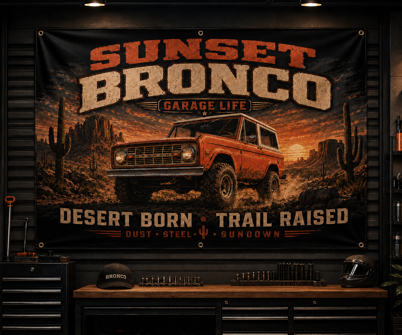 Sunset Bronco Garage Banner