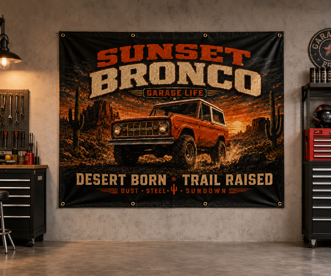Sunset Bronco Garage Banner