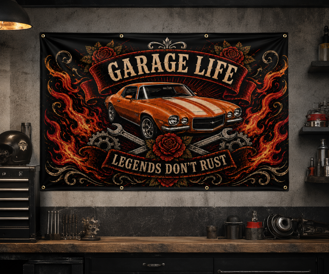 Legends Don’t Rust Orange Garage Banner