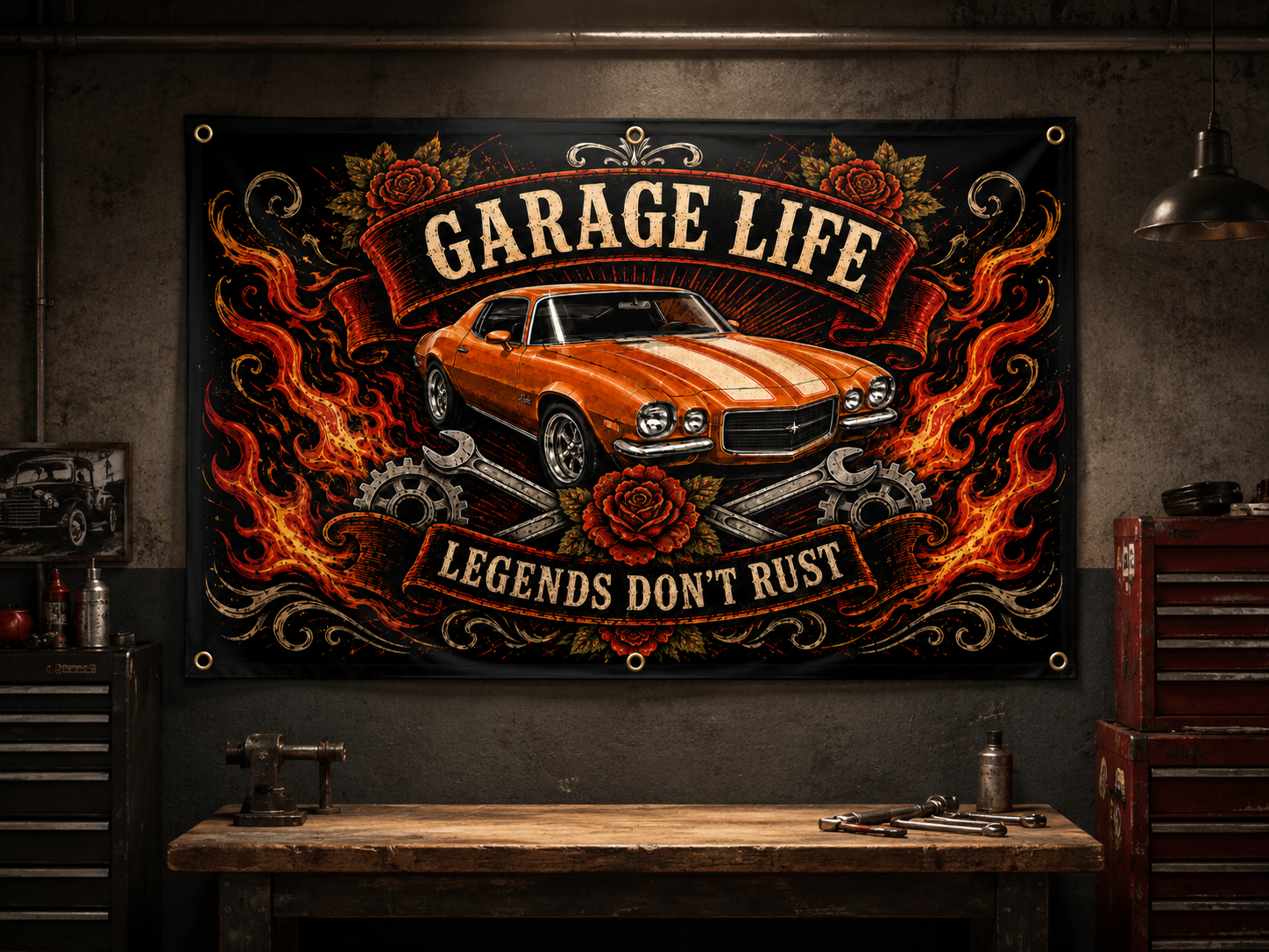 Legends Don’t Rust Orange Garage Banner