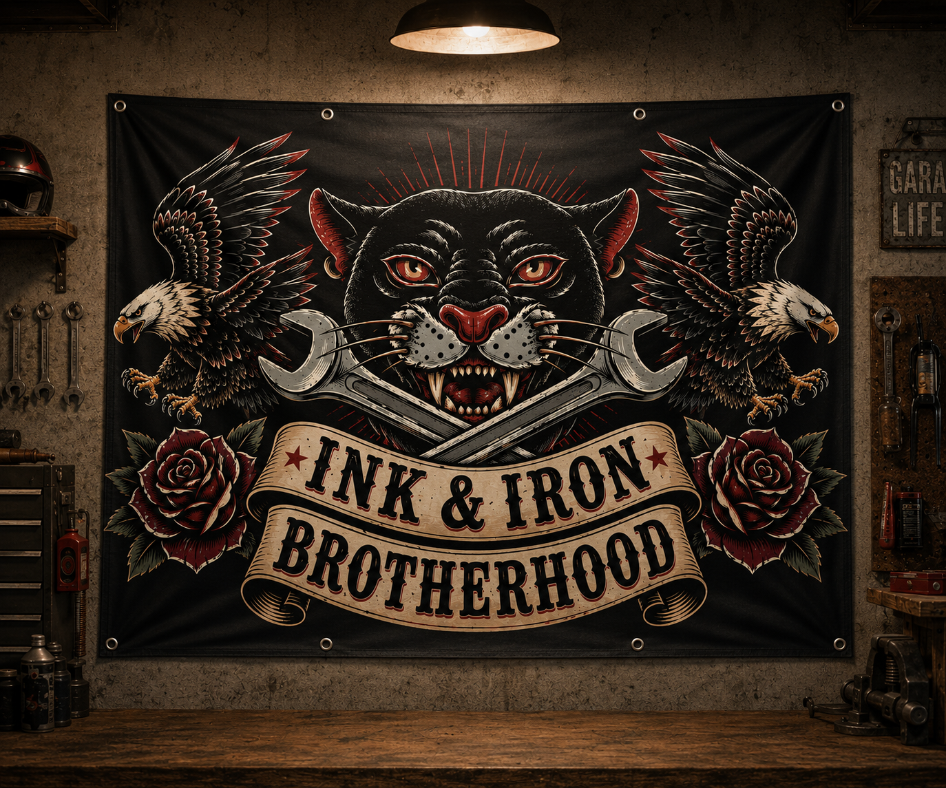 Ink & Iron Brotherhood Garage Banner