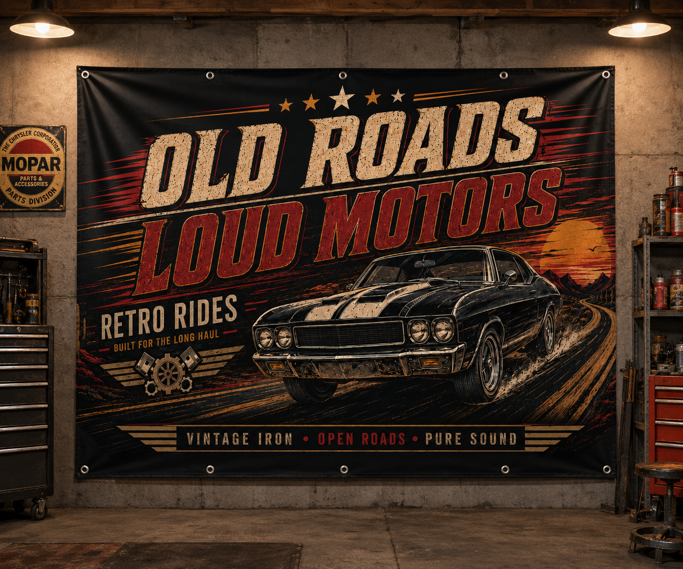 Old Roads Loud Motors Garage Banner