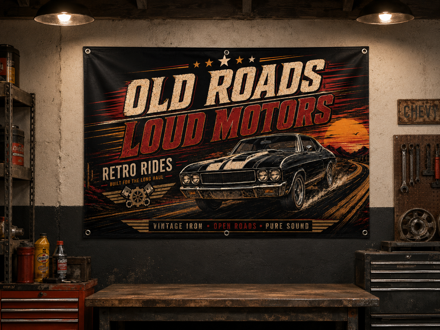 Old Roads Loud Motors Garage Banner