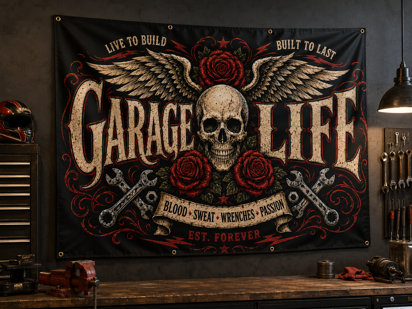 Garage Life Skull Wings Garage Banner