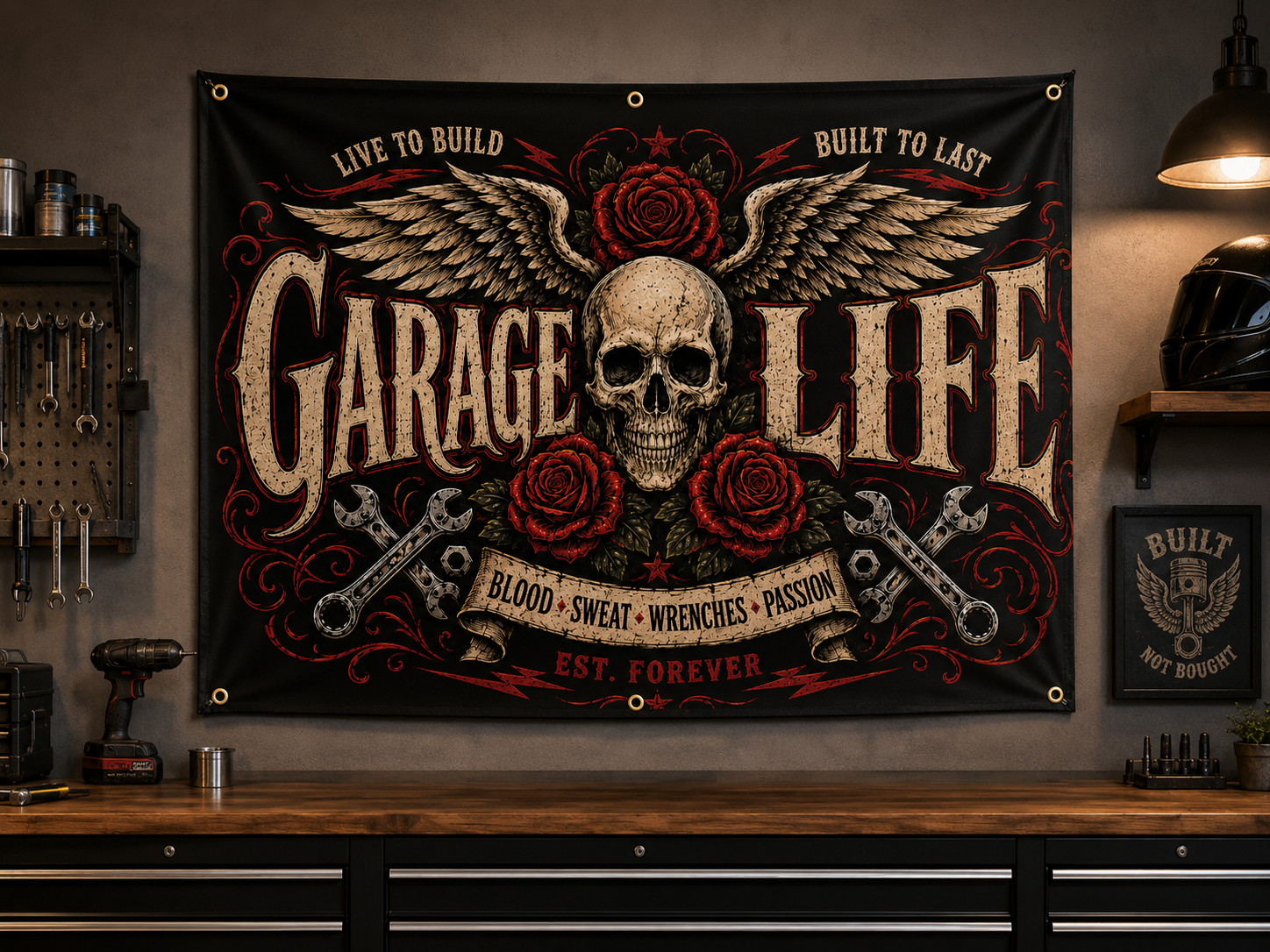 Garage Life Skull Wings Garage Banner