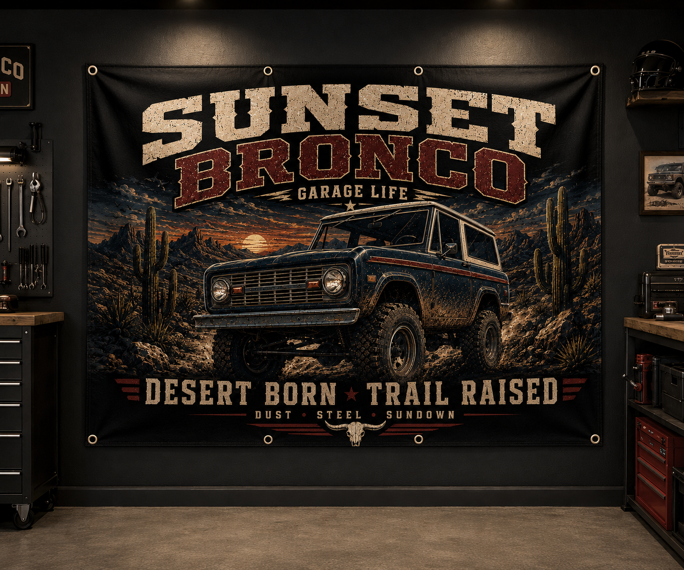Sunset Bronco Garage Banner