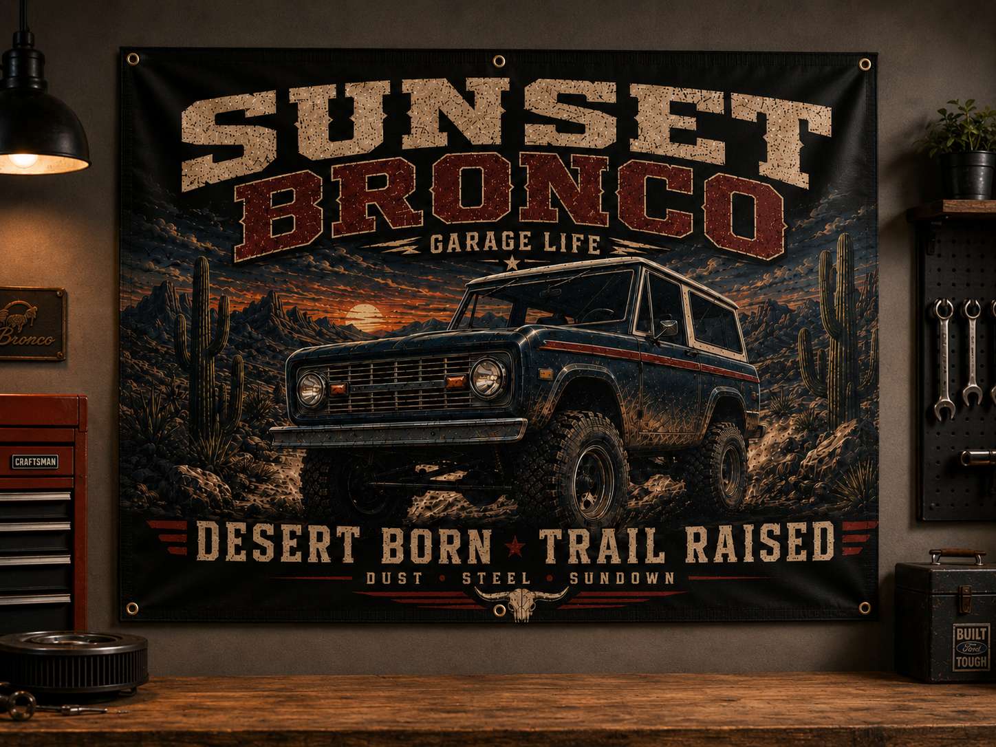 Sunset Bronco Garage Banner