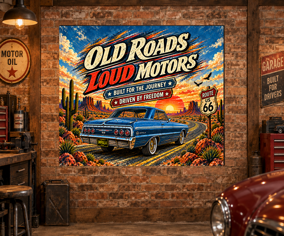 Old Roads Loud Motors Garage Banner