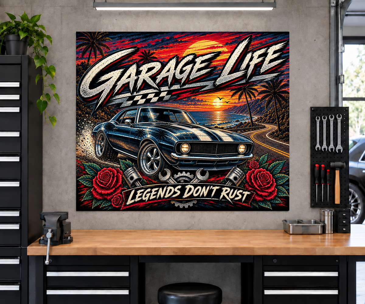 Legends Don't Rust Garage Banner
