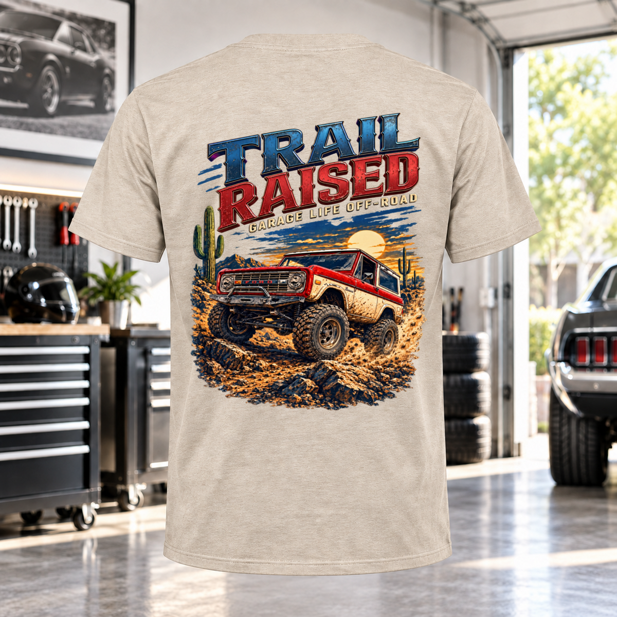 Trail Raised T-Shirt with Garage Life artwork by Print Gear