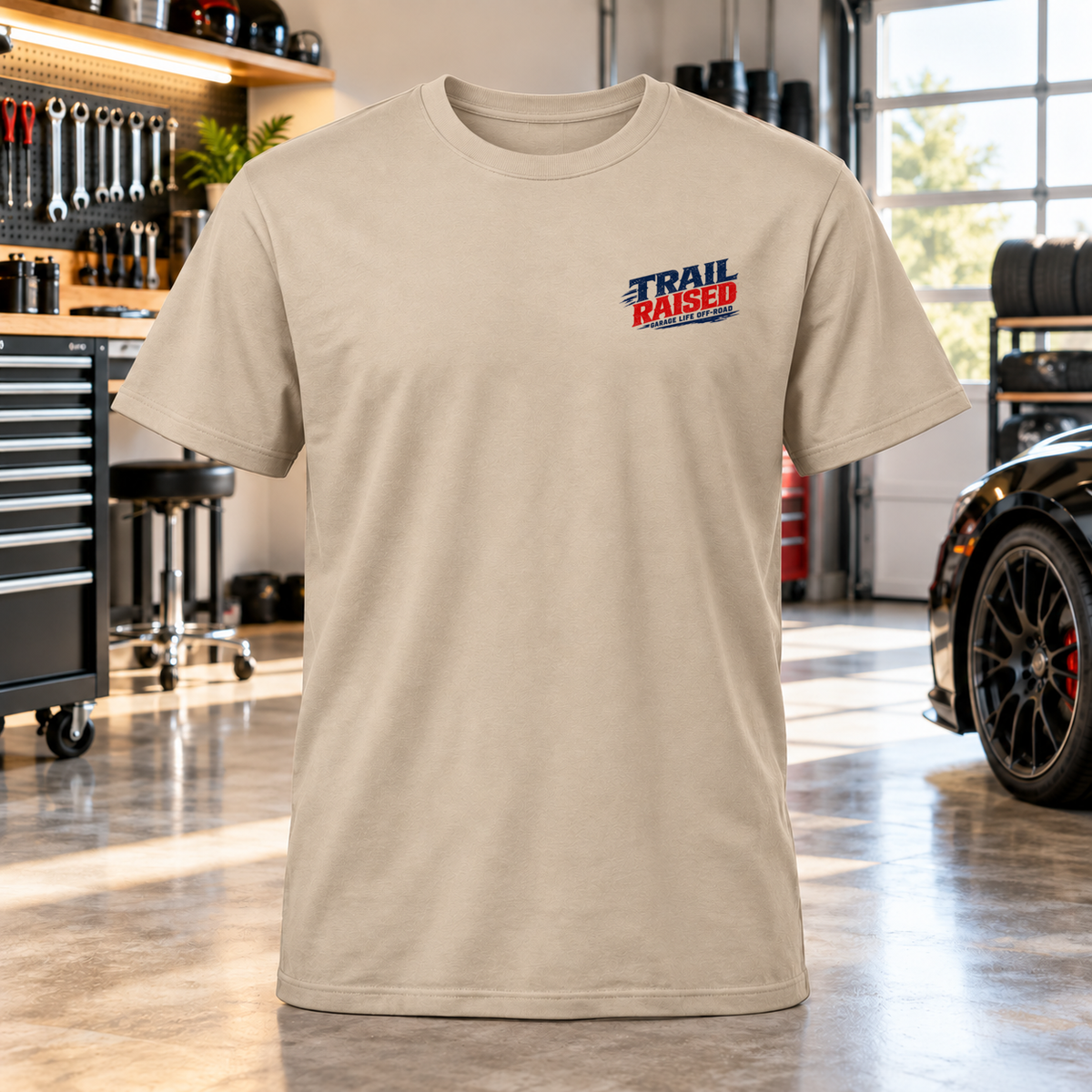 Trail Raised T-Shirt with Garage Life artwork by Print Gear