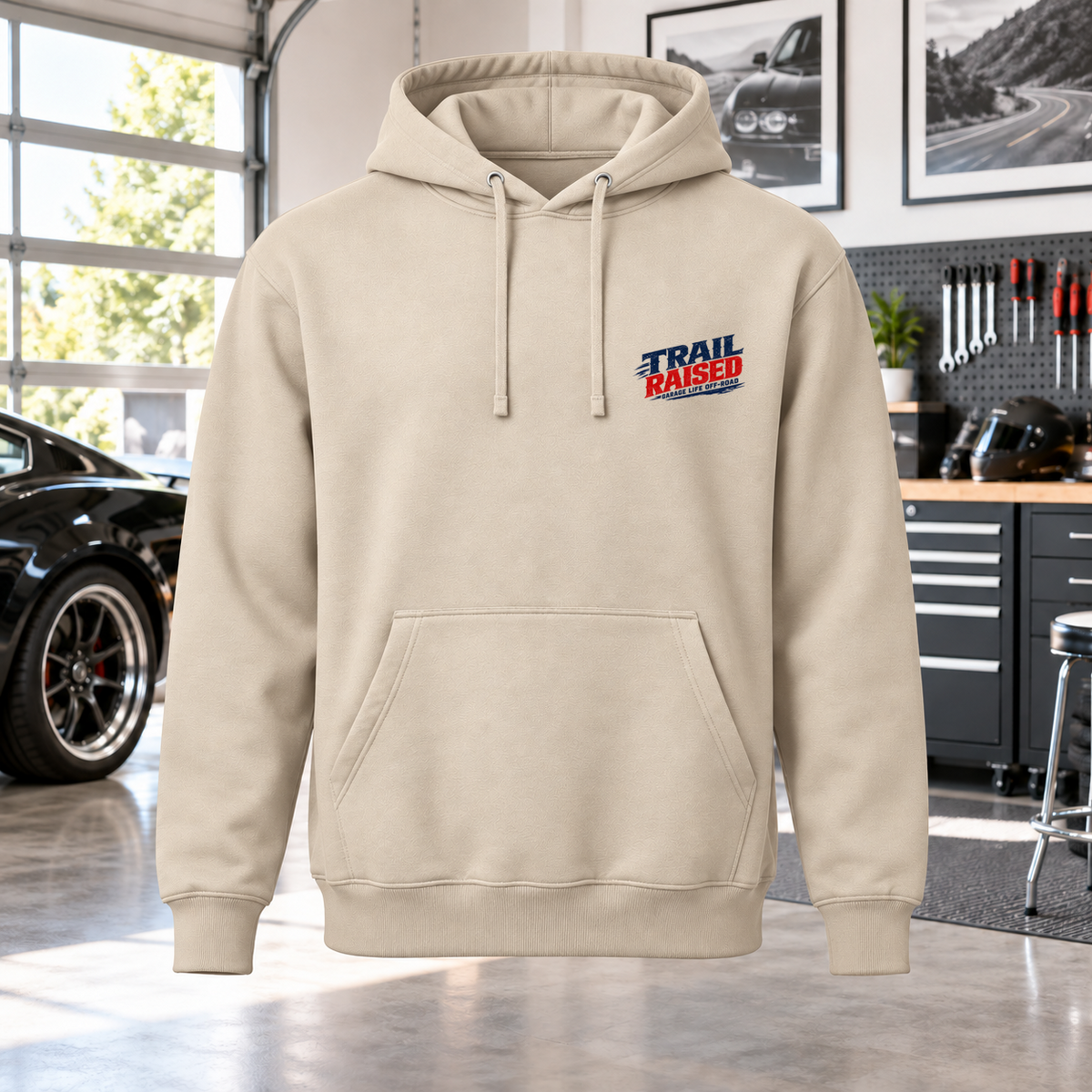 Trail Raised Hoodie with Garage Life artwork by Print Gear
