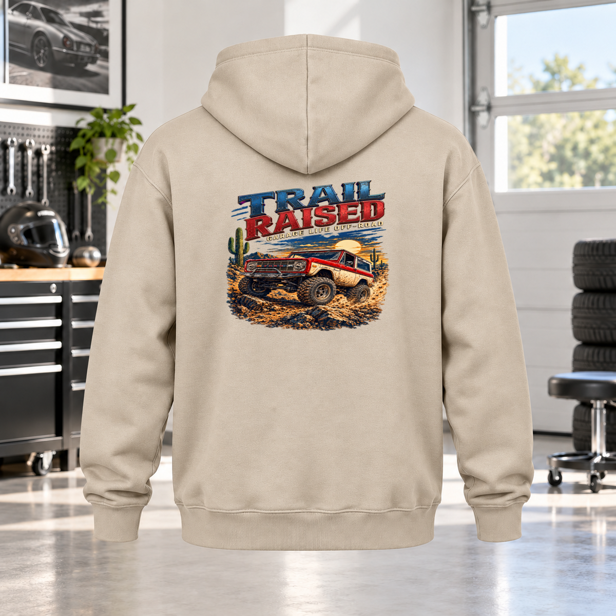 Trail Raised Hoodie with Garage Life artwork by Print Gear