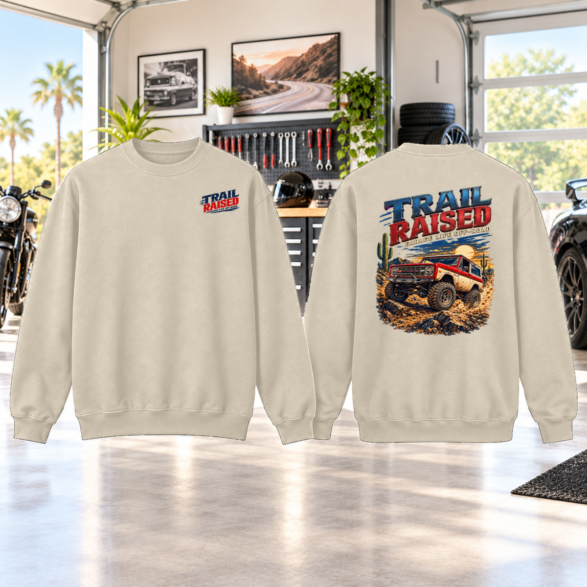 Trail Raised Crewneck with Garage Life artwork by Print Gear