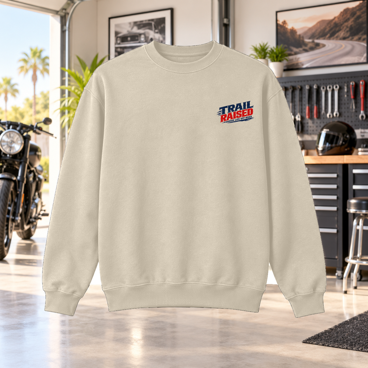 Trail Raised Crewneck with Garage Life artwork by Print Gear