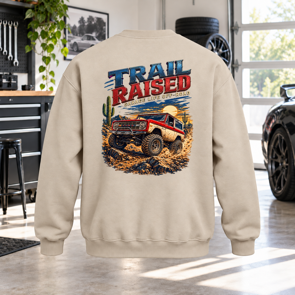 Trail Raised Crewneck with Garage Life artwork by Print Gear