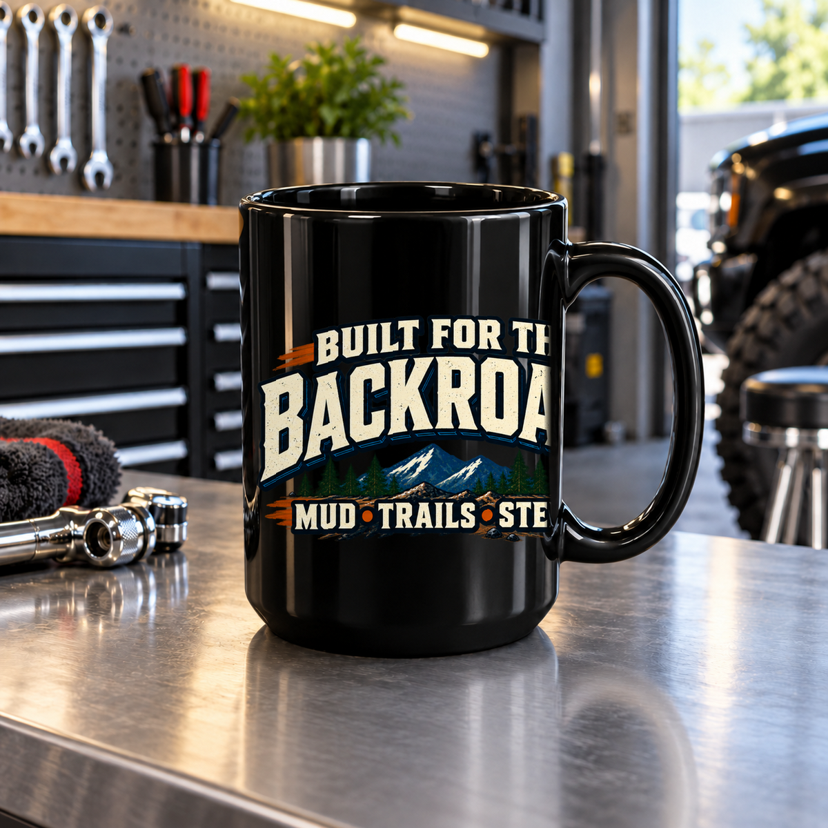 Built For The Backroads Black Mug 15oz with Garage Life artwork by Print Gear